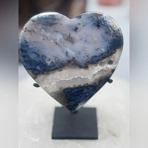 Blue Agate Heart with Quartz Vein on Custom Stand